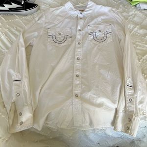 True Religion Mens Button Down Casual Dress Shirt White Cotton Wash Fit L
